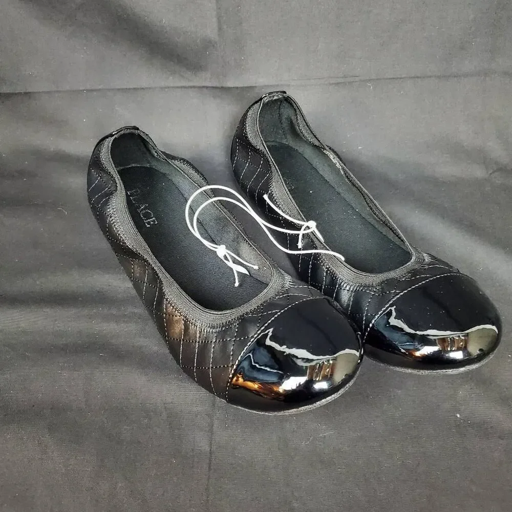 The Children's Place Black Quilted Patent Cap-Toe Ballet Flats - Girls